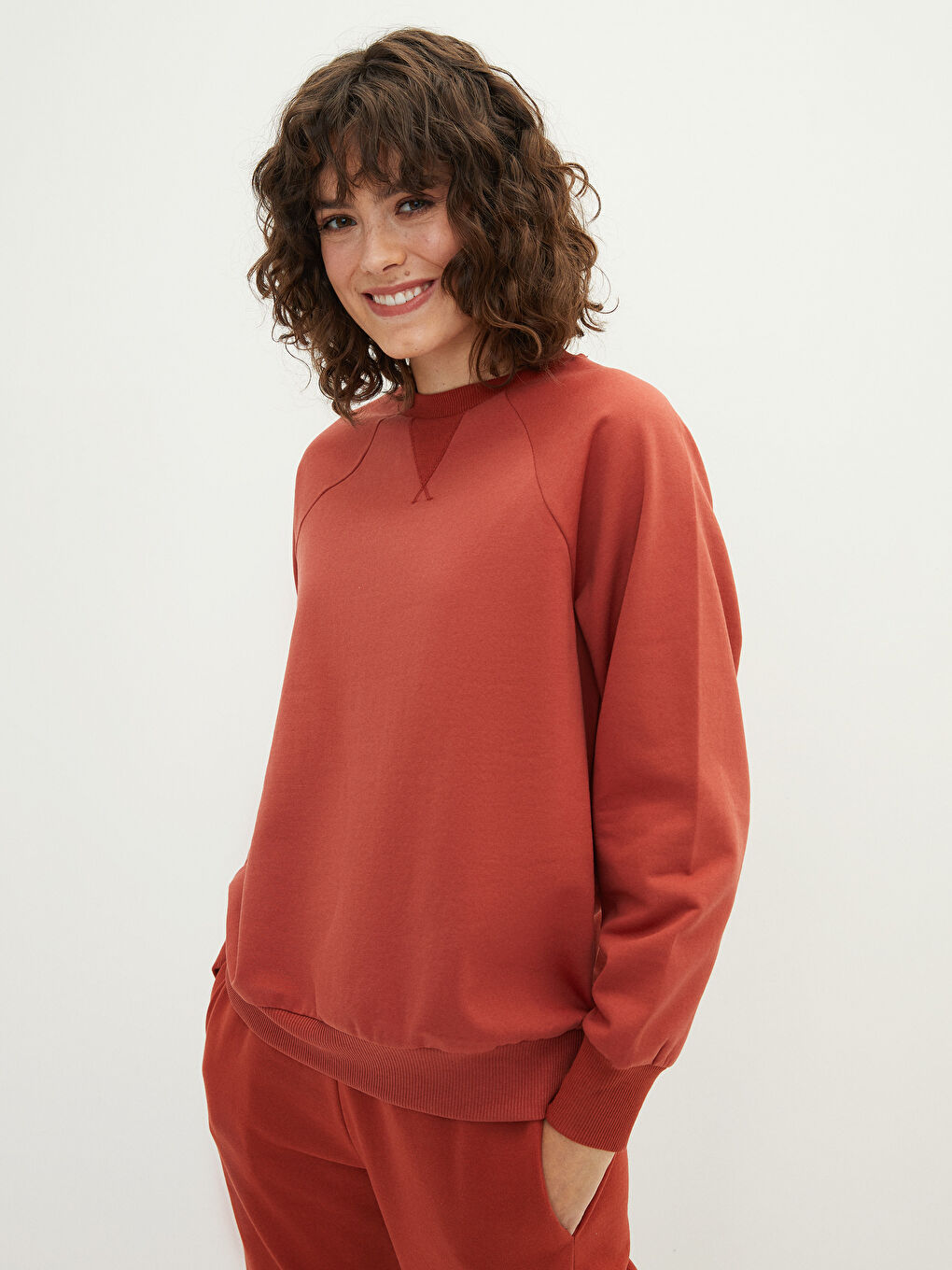 Kahverengi Bisiklet Yaka Düz Uzun Kollu Kadın Sweatshirt-1