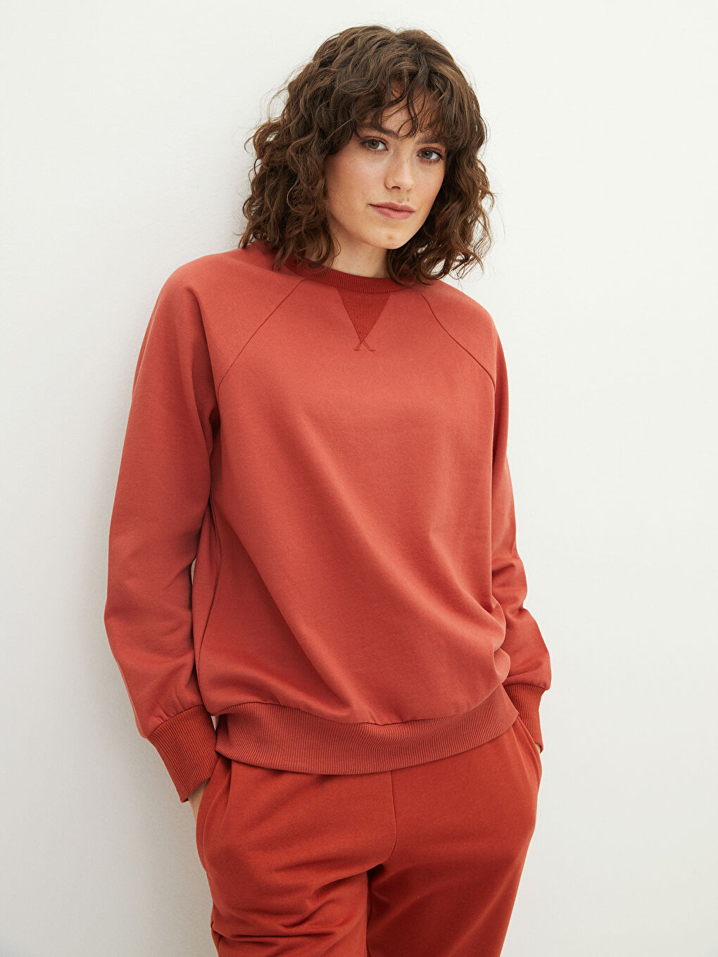 Kahverengi Bisiklet Yaka Düz Uzun Kollu Kadın Sweatshirt-2