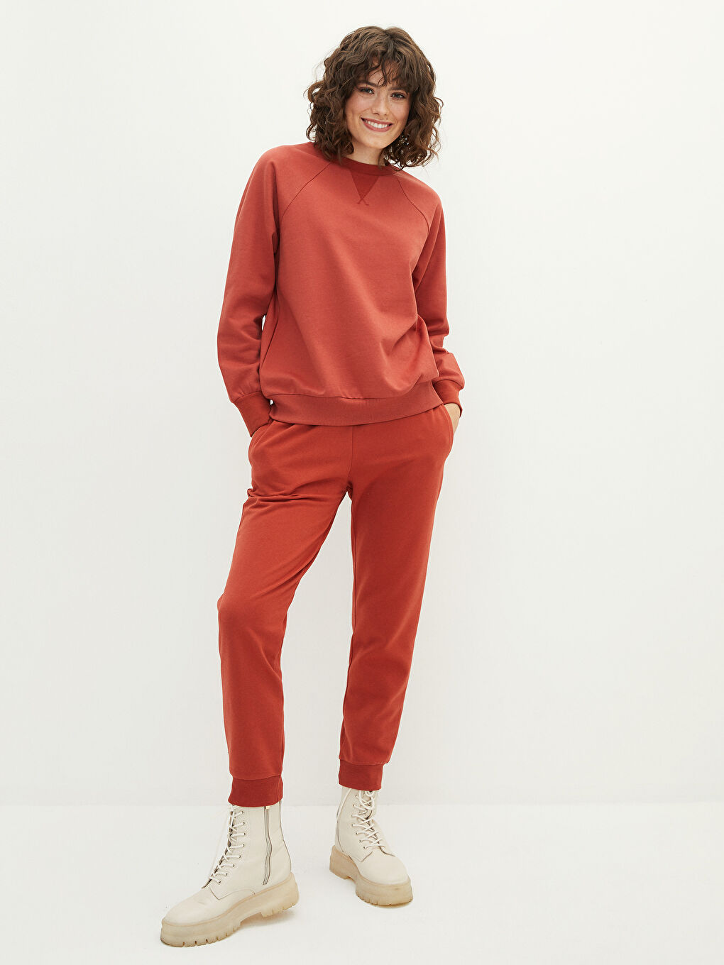 Kahverengi Bisiklet Yaka Düz Uzun Kollu Kadın Sweatshirt-3