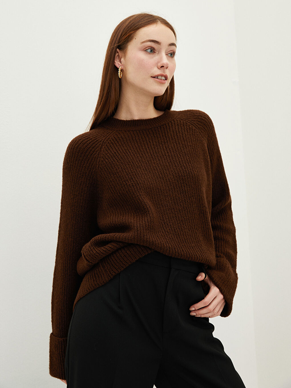 Crew Neck Plain Long Sleeve Women's Knitwear Sweater