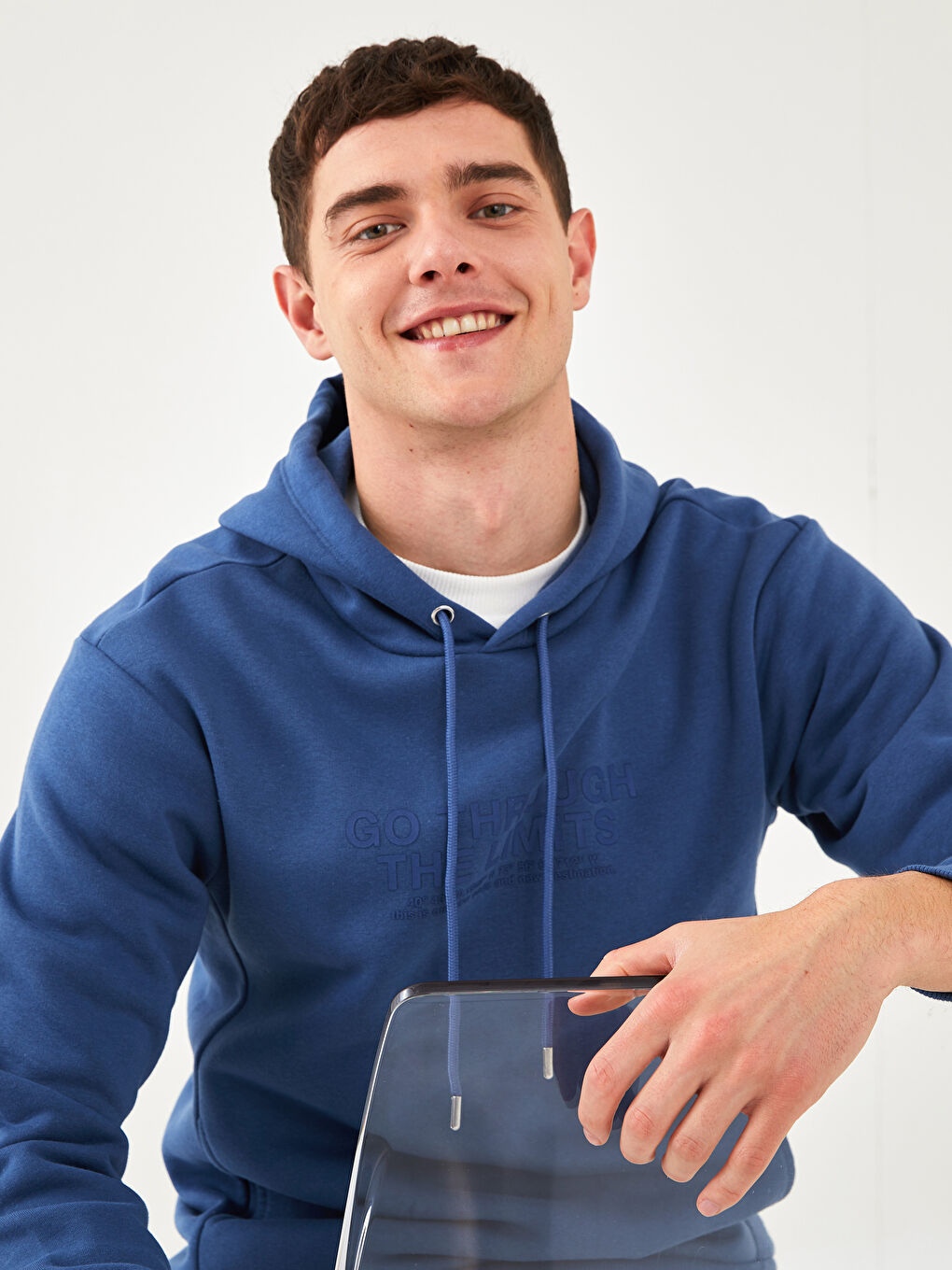 İndigo Uzun Kollu Baskılı Erkek Hoodie