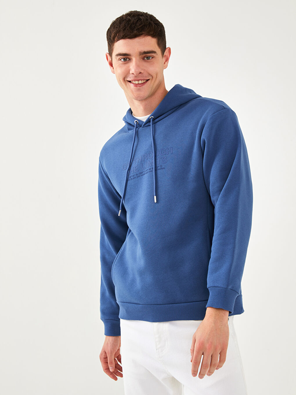 İndigo Uzun Kollu Baskılı Erkek Hoodie-1