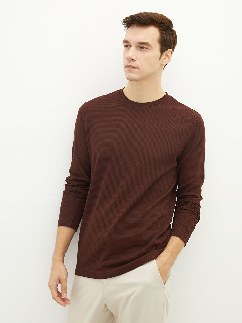 Kahverengi Bisiklet Yaka Uzun Kollu Erkek Tişört