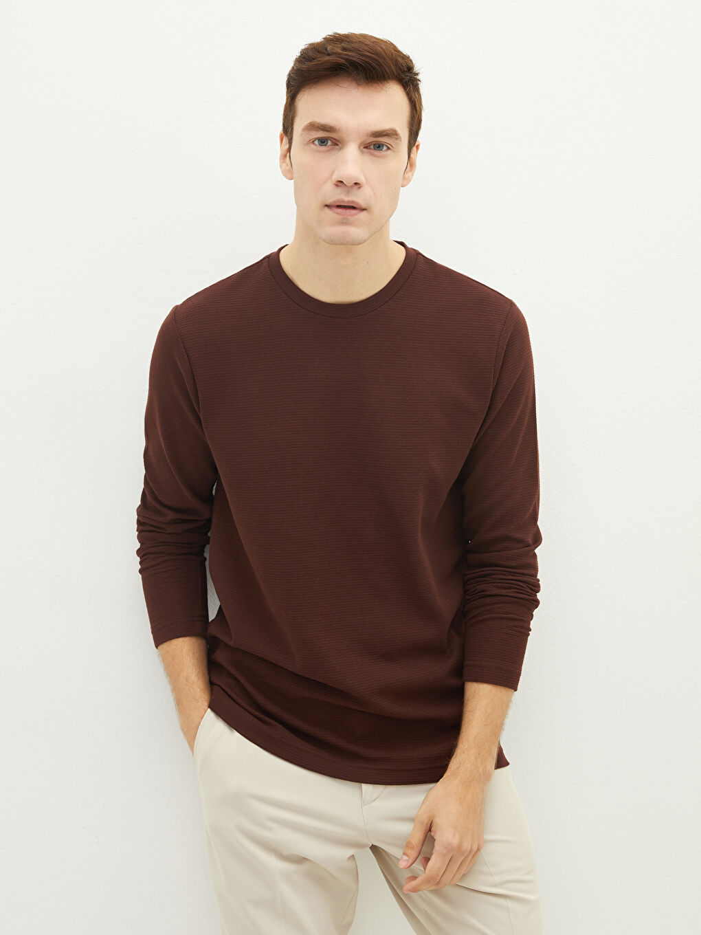 Kahverengi Bisiklet Yaka Uzun Kollu Erkek Tişört-1