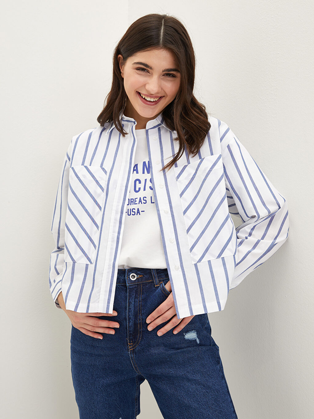 Front Button Closure Striped Long Sleeve Poplin Women's Shirt-1