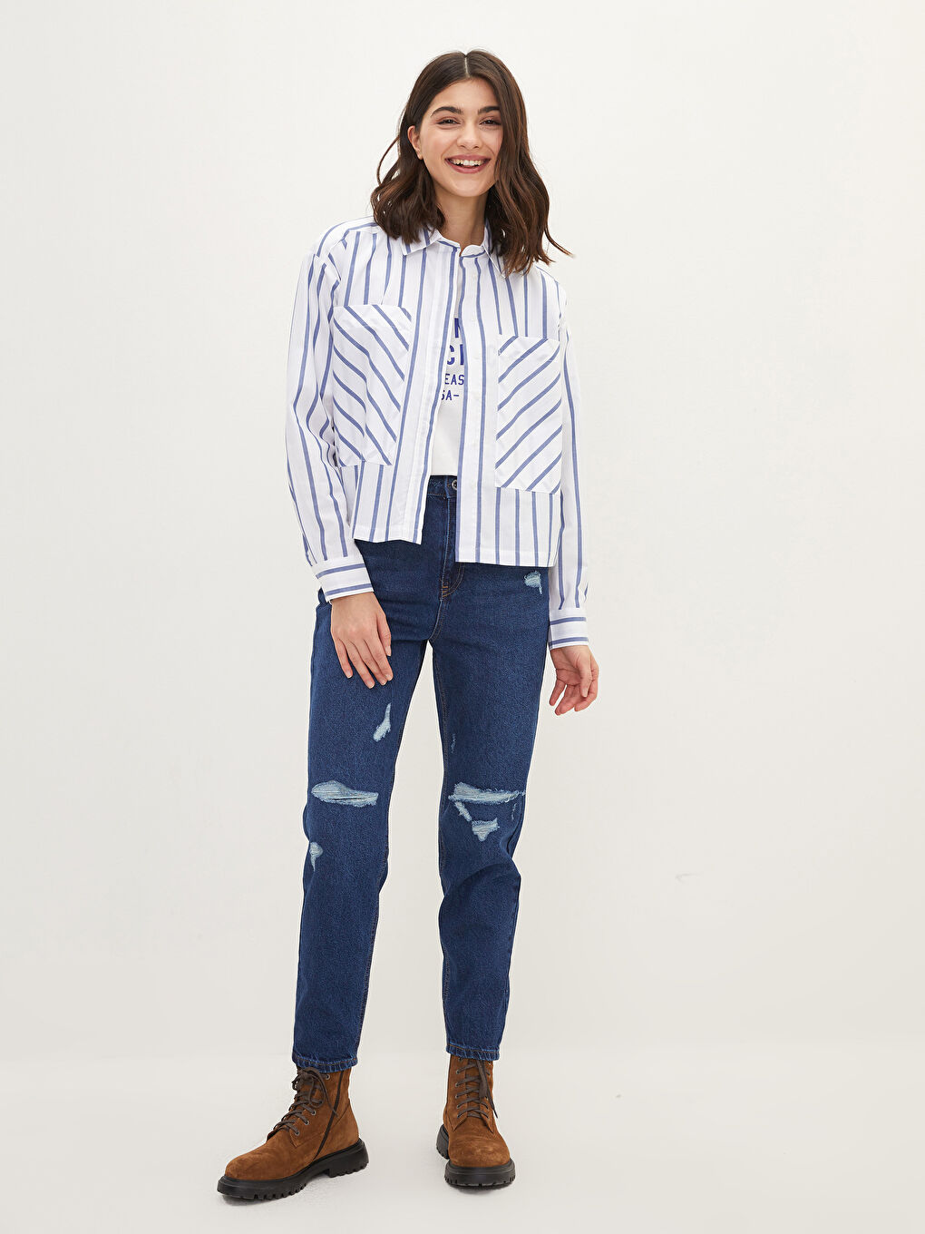 Front Button Closure Striped Long Sleeve Poplin Women's Shirt-2