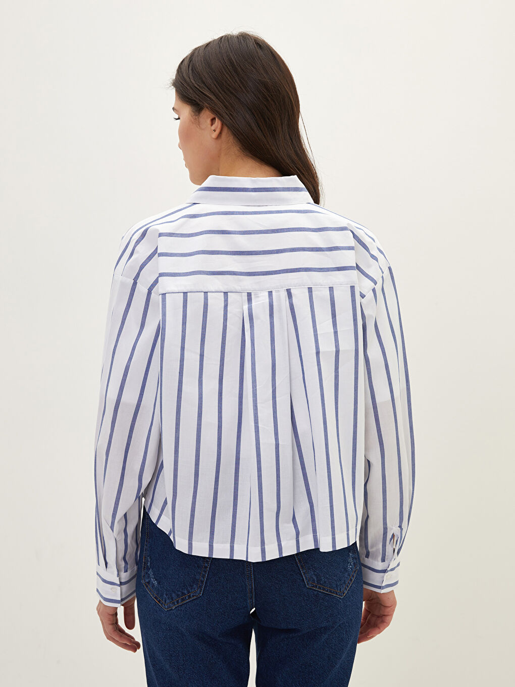 Front Button Closure Striped Long Sleeve Poplin Women's Shirt-4
