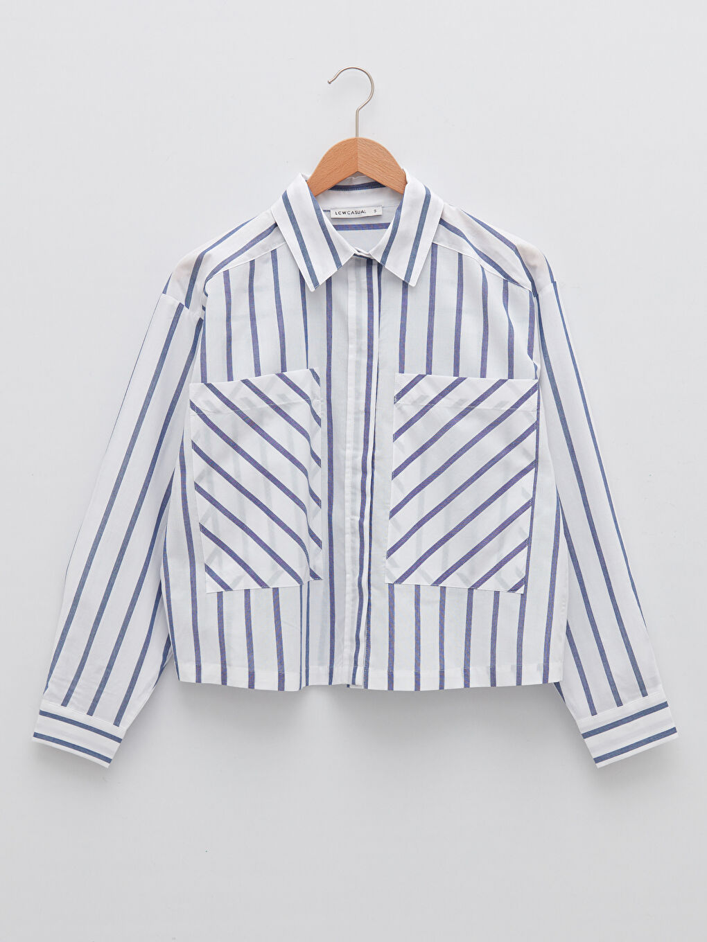 Front Button Closure Striped Long Sleeve Poplin Women's Shirt-5