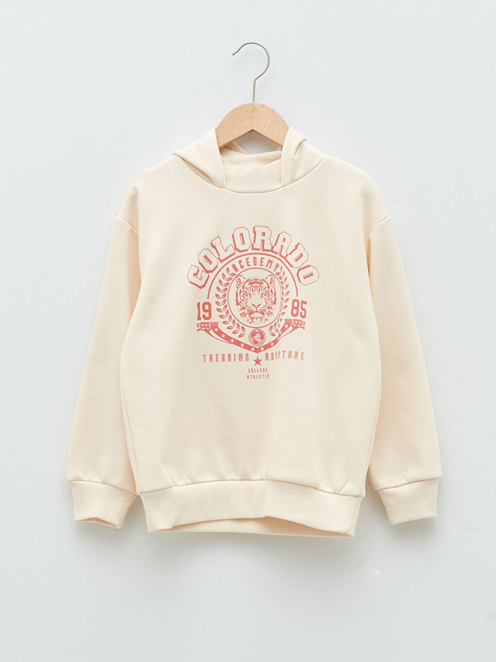 Bej Kapüşonlu Baskılı Uzun Kollu Kız Çocuk Sweatshirt