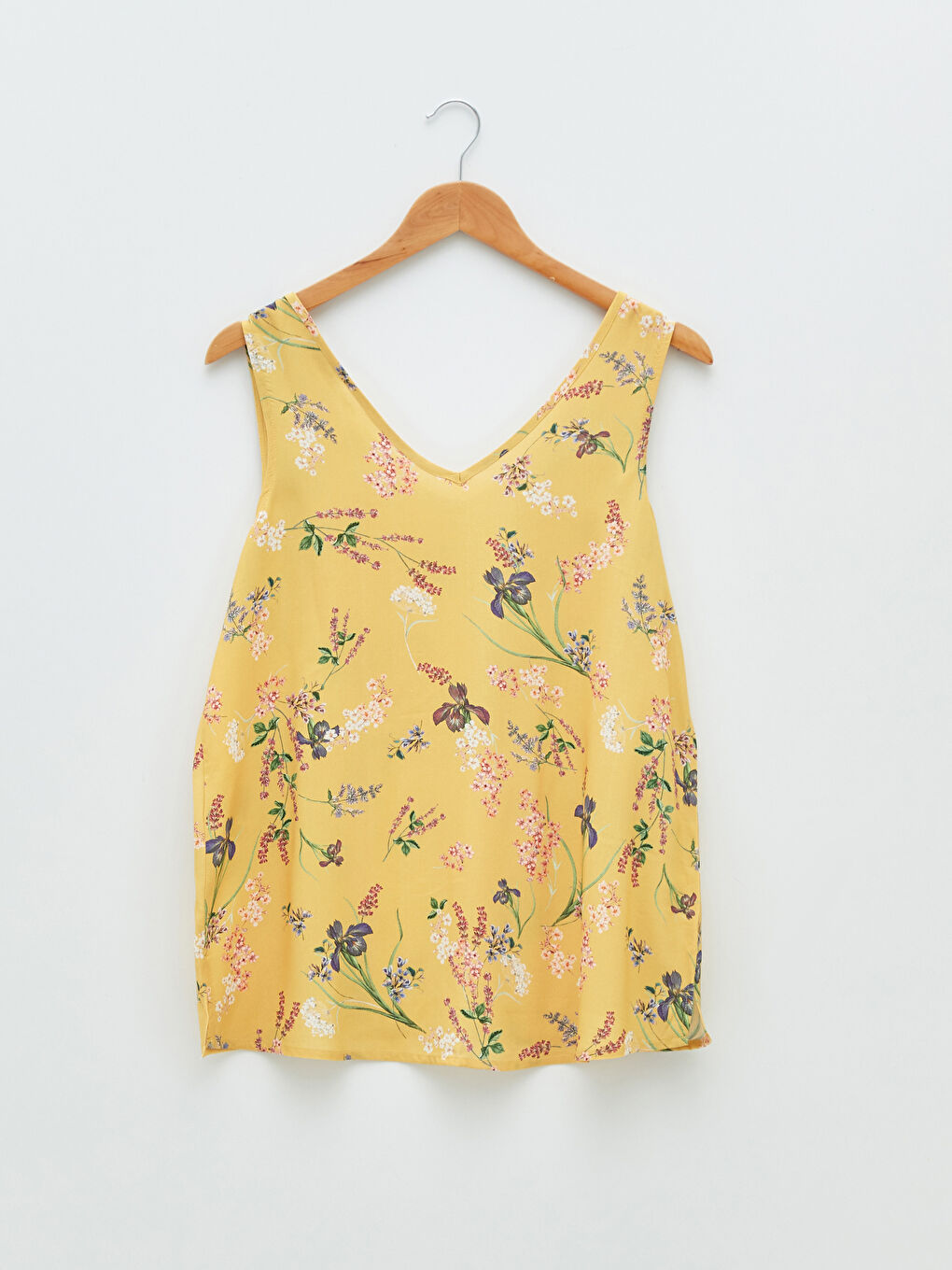 Sarı V Yaka Çiçekli Kolsuz Viskon Kadın Bluz-7