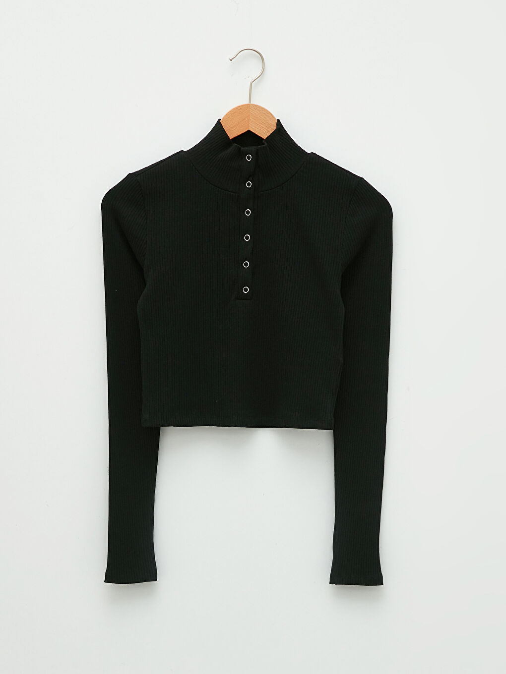 Siyah Dik Yaka Düz Uzun Kollu Kadın Crop-5