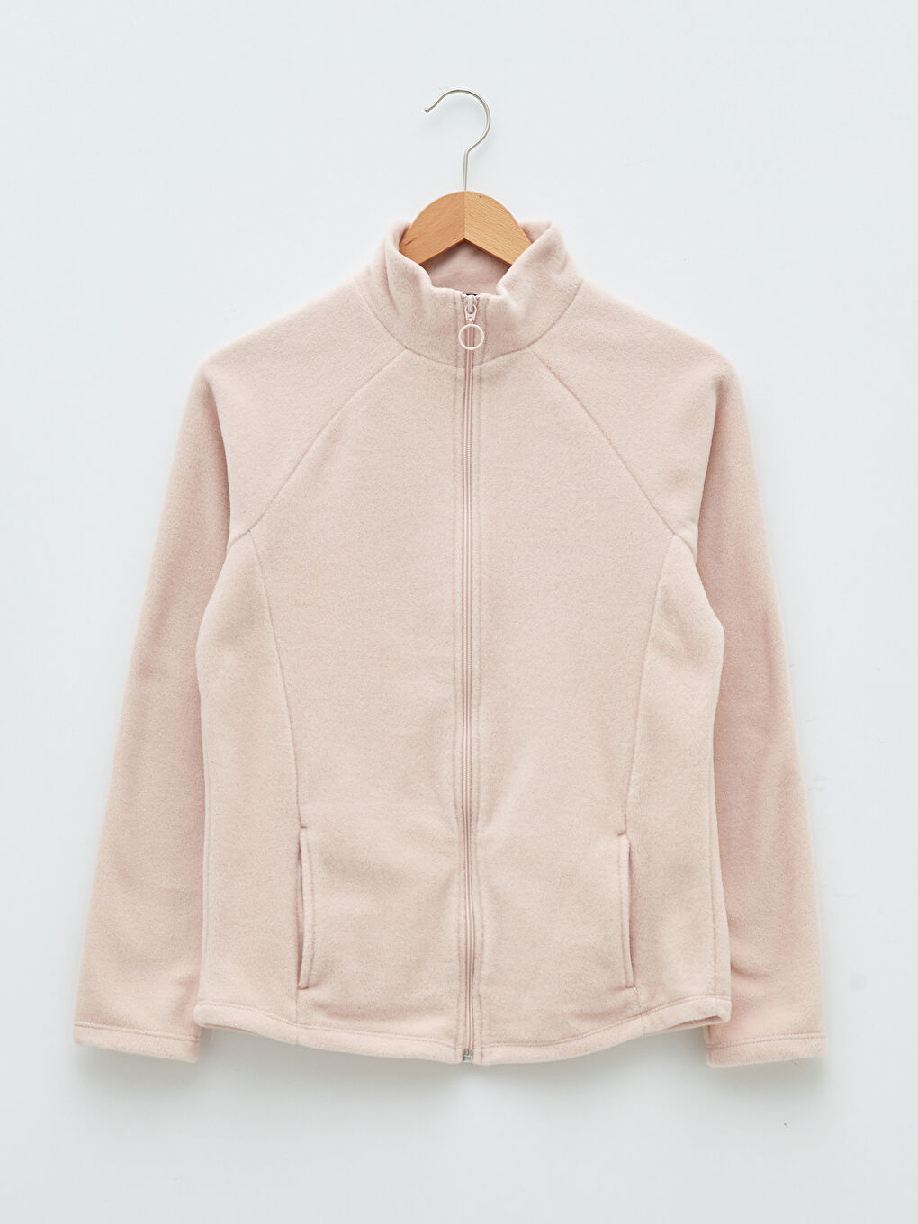 Pembe Dik Yaka Düz Uzun Kollu Cep Detaylı Kadın Spor Hırka-5