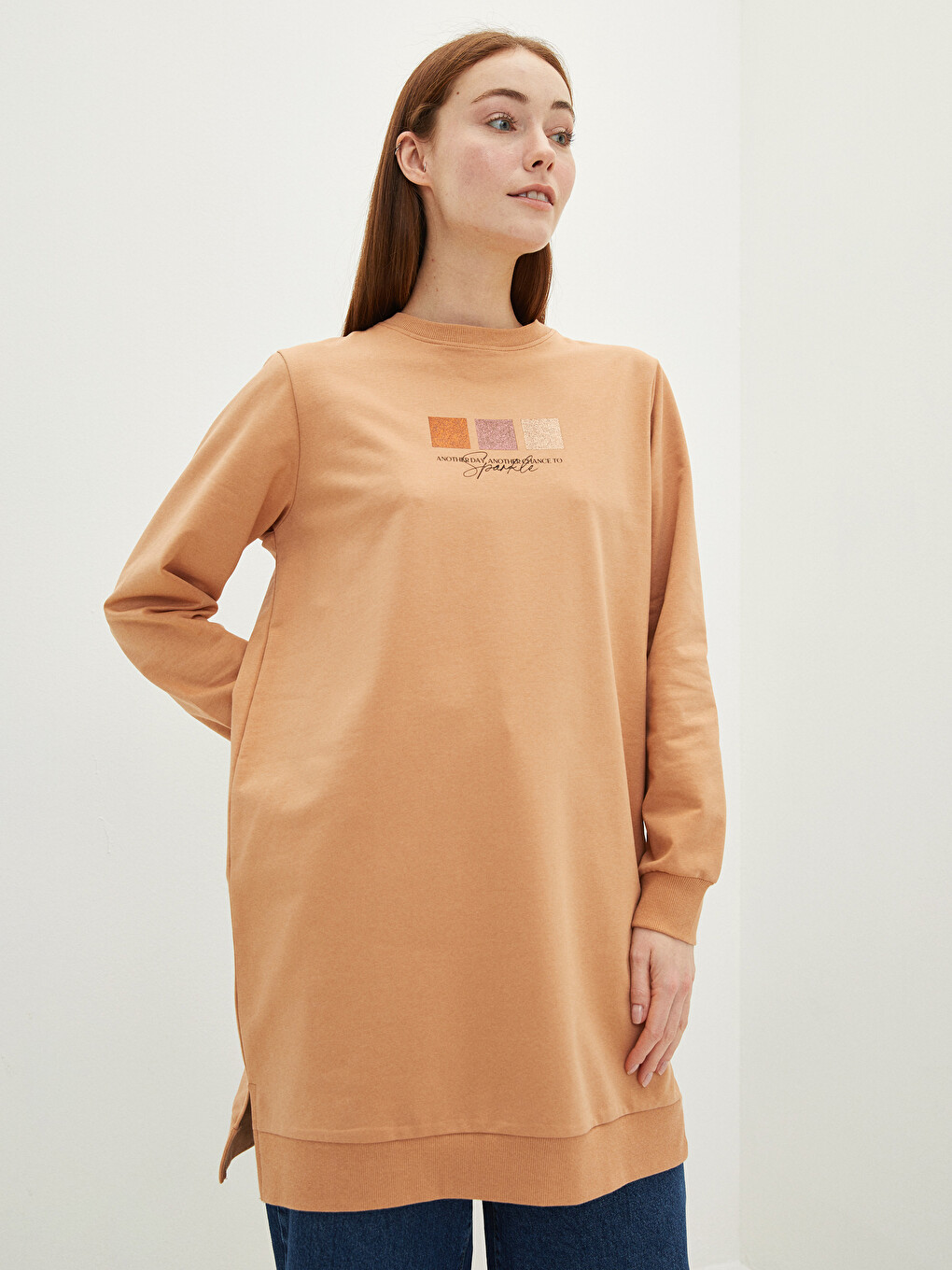 Crew Neck Printed Long Sleeve Women's Sweatshirt Tunic
