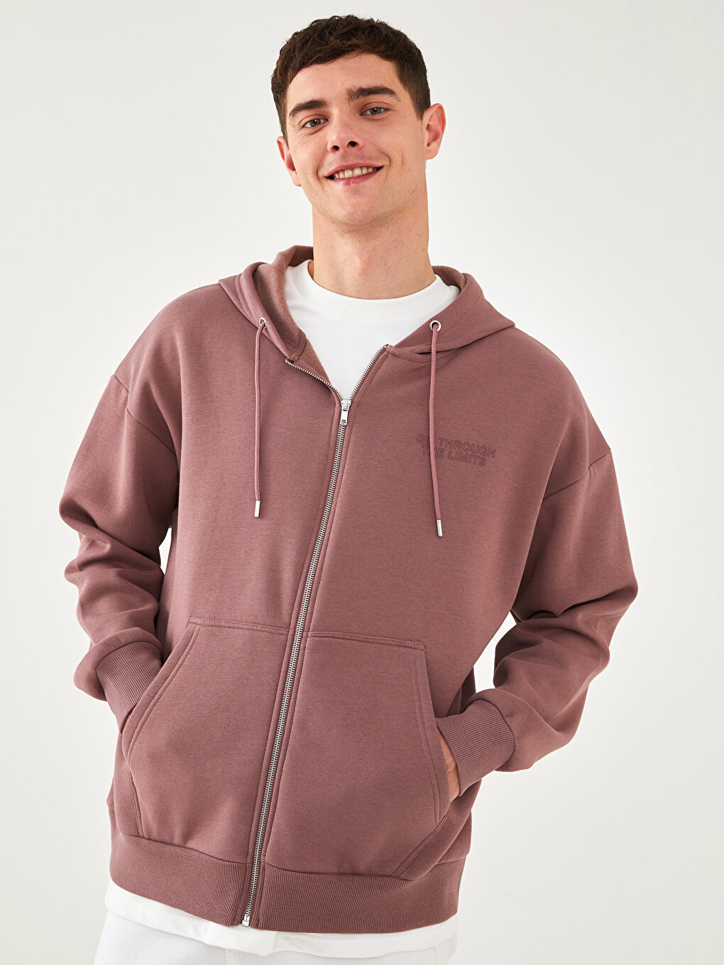 Kapuzen-Strickjacke für Herren mit Print und Reißverschluss und langen Ärmeln