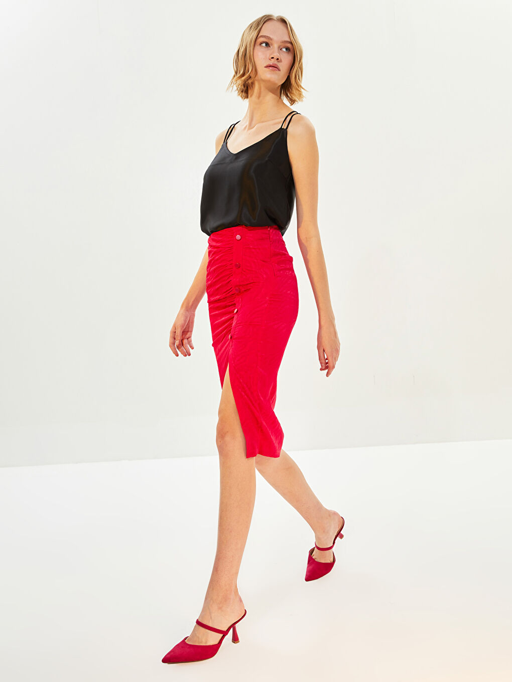 Zippered Waist Draped Slim Fit Women Pencil Skirt -W1JK56Z8-HBL