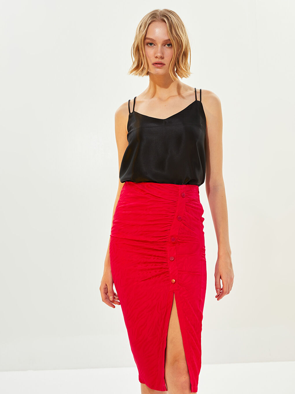 Zippered Waist Draped Slim Fit Women Pencil Skirt -W1JK56Z8-HBL