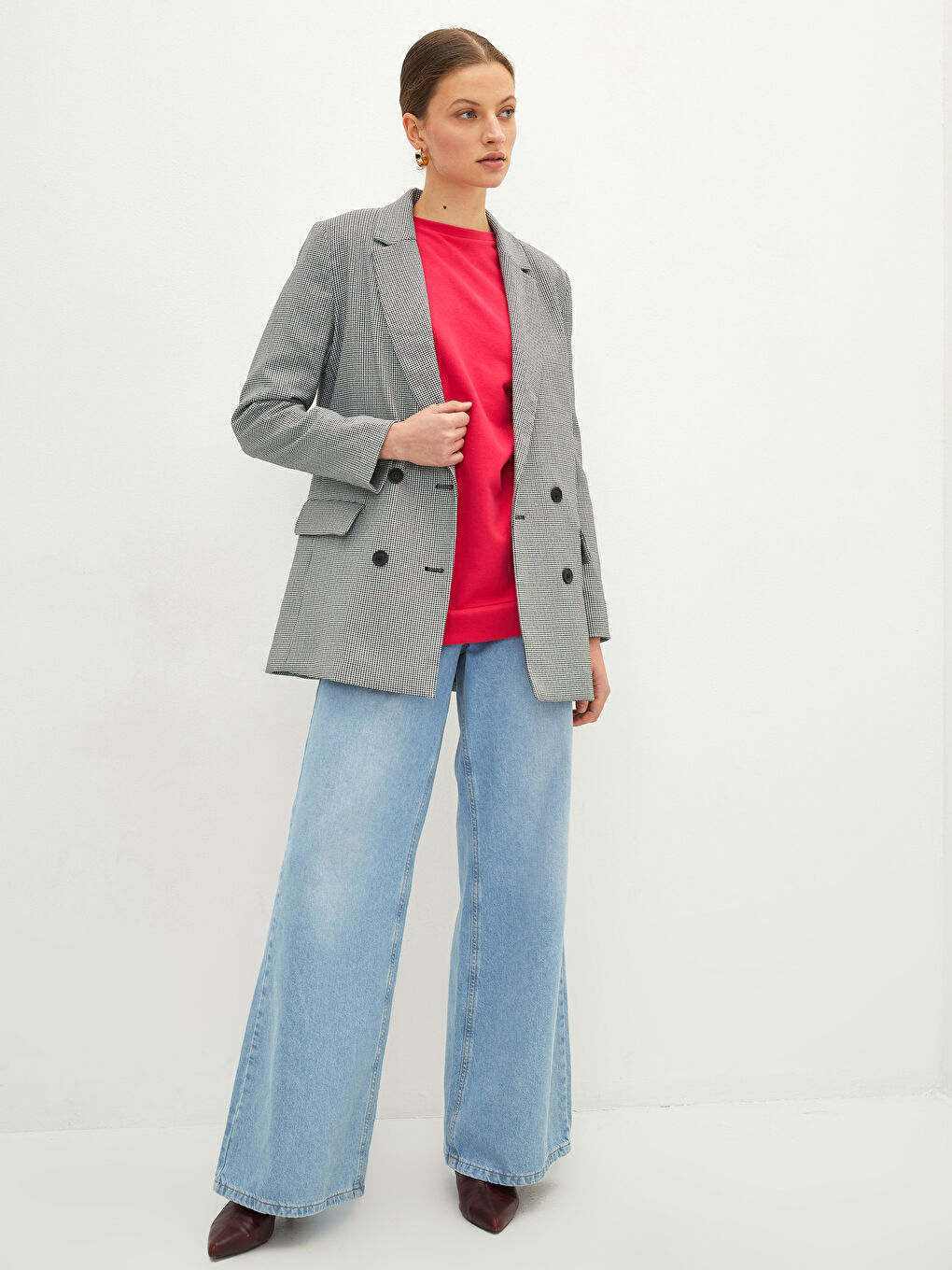 Front Button Closure Crowbar Pattern Long Sleeve Women's Blazer Jacket-3