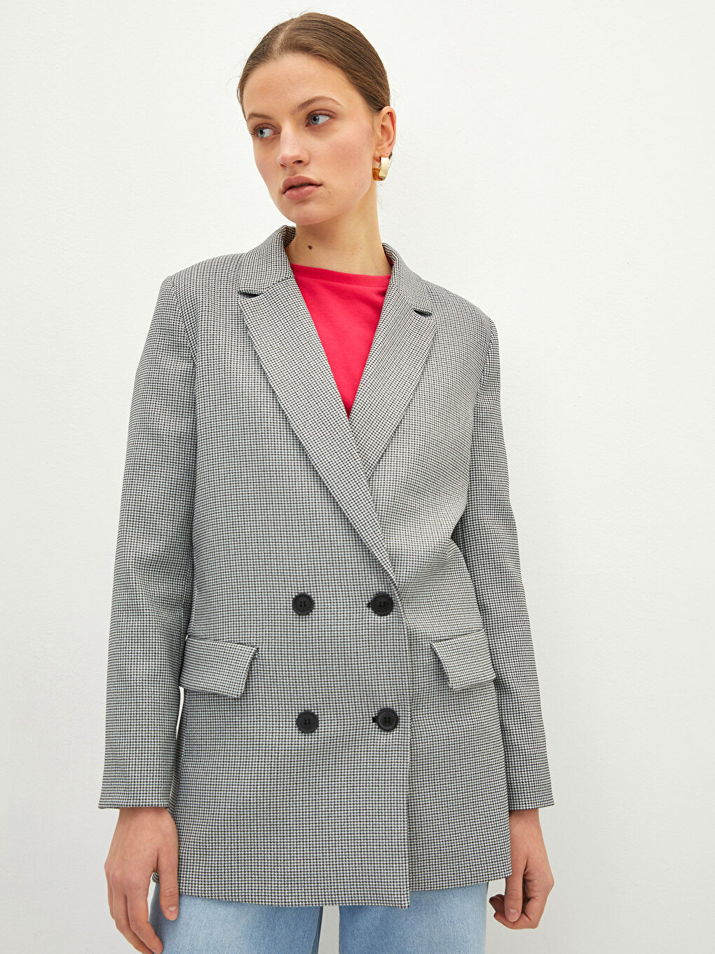 Front Button Closure Crowbar Pattern Long Sleeve Women's Blazer Jacket