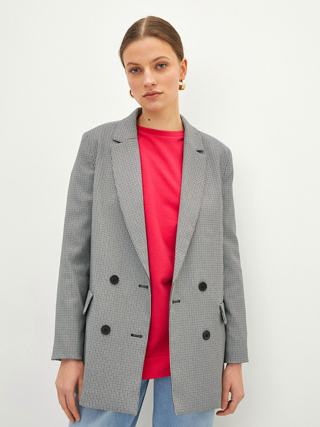 Front Button Closure Crowbar Pattern Long Sleeve Women's Blazer Jacket-1