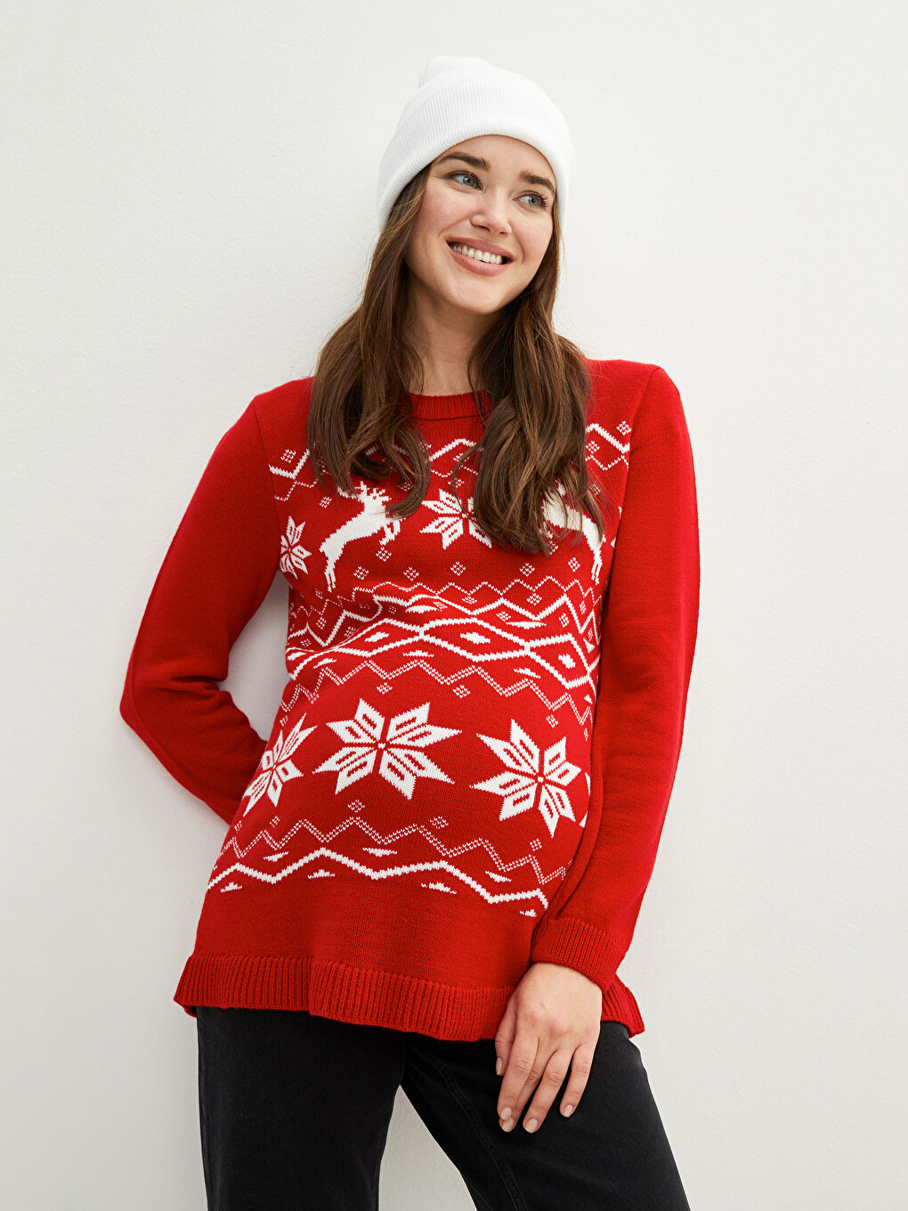 LCWAIKIKI Maternity Crew Neck New Year Themed Long Sleeve Maternity Tricot Sweater -W1JK72Z8-RZZ