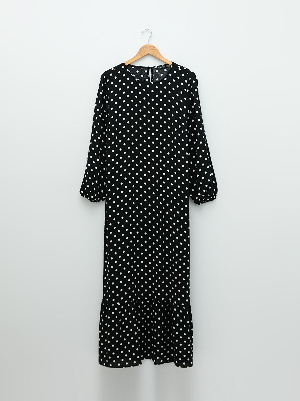 Siyah Bisiklet Yaka Puantiyeli Uzun Kollu A Kesim Viskon Kadın Elbise-4