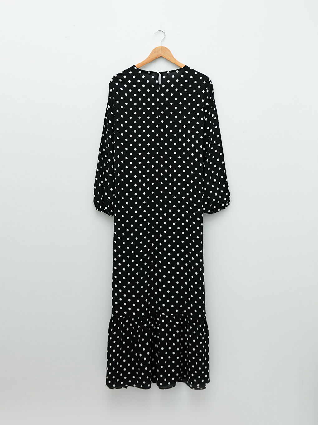 Siyah Bisiklet Yaka Puantiyeli Uzun Kollu A Kesim Viskon Kadın Elbise-5