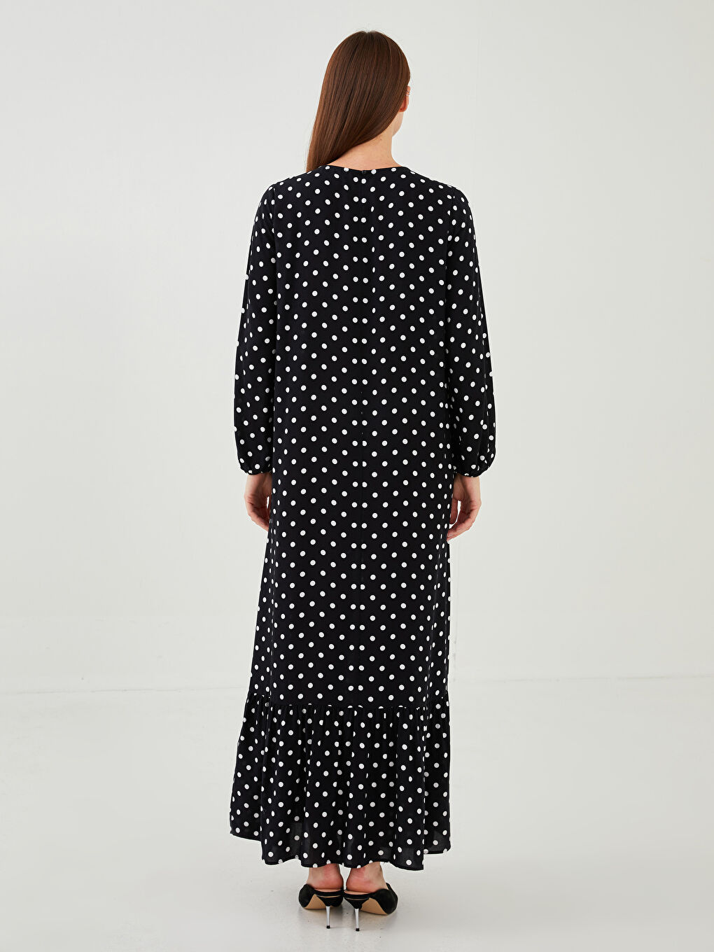 Siyah Bisiklet Yaka Puantiyeli Uzun Kollu A Kesim Viskon Kadın Elbise-3