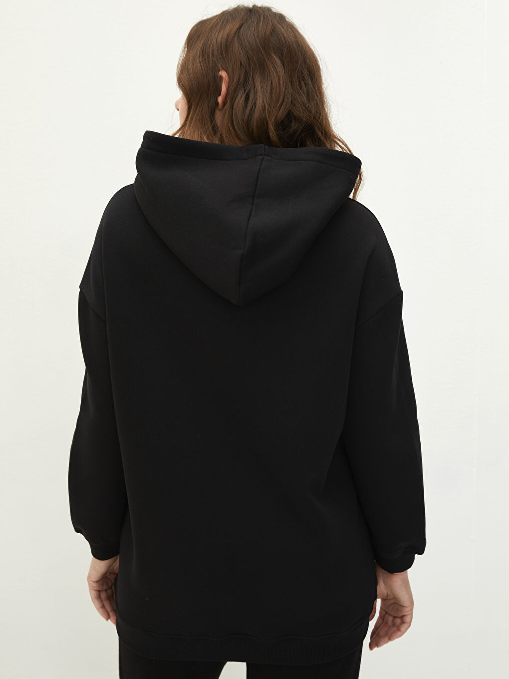 Siyah Büyük Beden Kapüşonlu Düz Kadın Kalın Sweatshirt-4