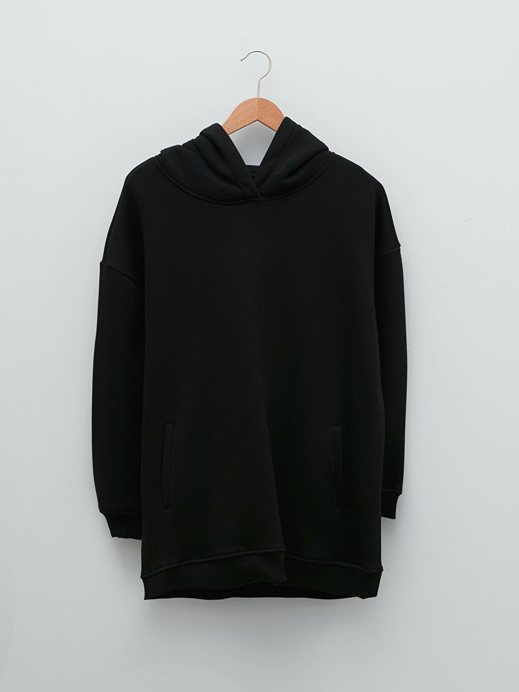 Siyah Büyük Beden Kapüşonlu Düz Kadın Kalın Sweatshirt-5