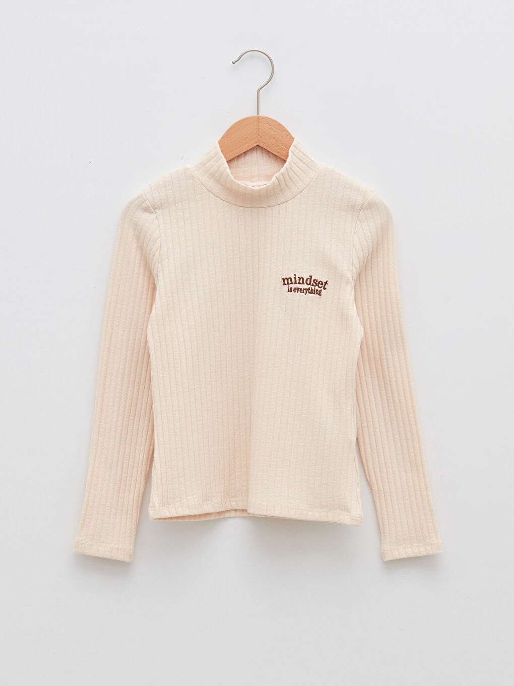 Bej Yarım Balıkçı Yaka Nakış Detaylı Uzun Kollu Kız Çocuk Tişört-3