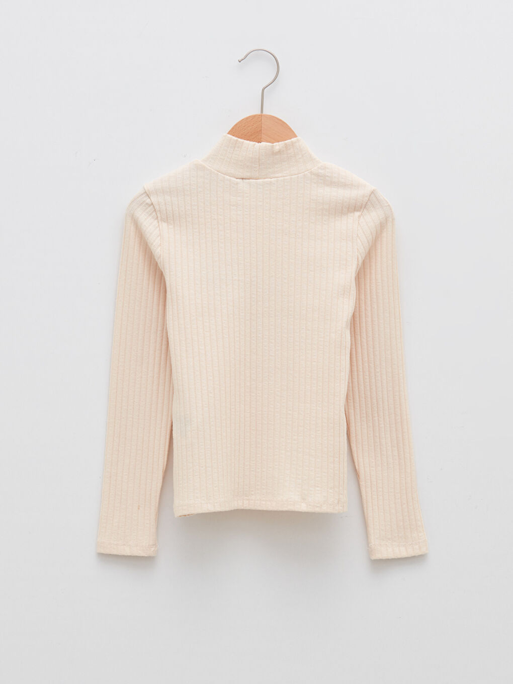 Bej Yarım Balıkçı Yaka Nakış Detaylı Uzun Kollu Kız Çocuk Tişört-4