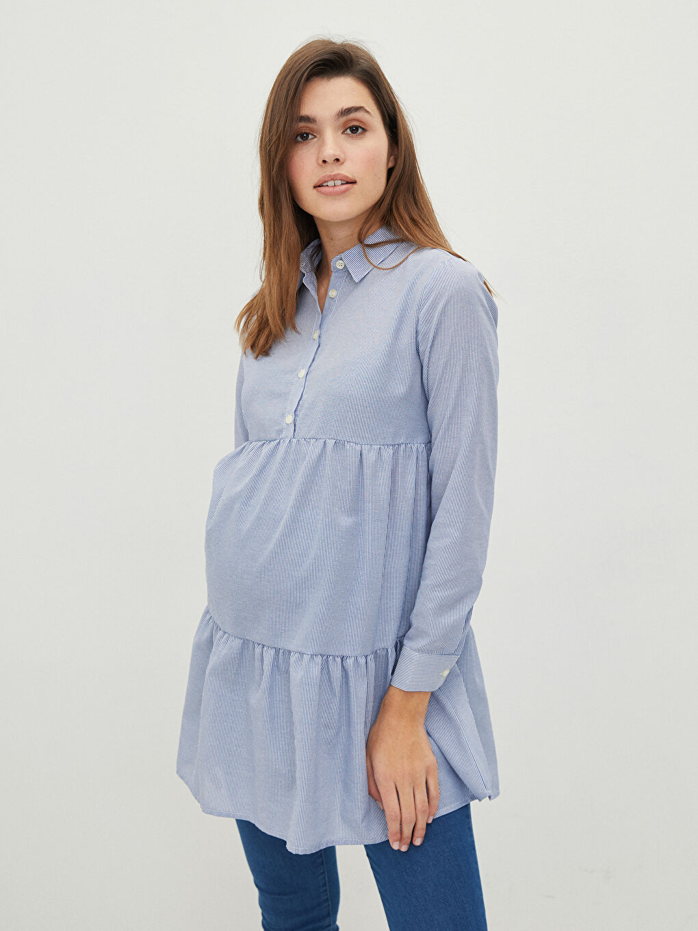 Mavi Çizgili Uzun Kollu Hamile Gömlek Tunik