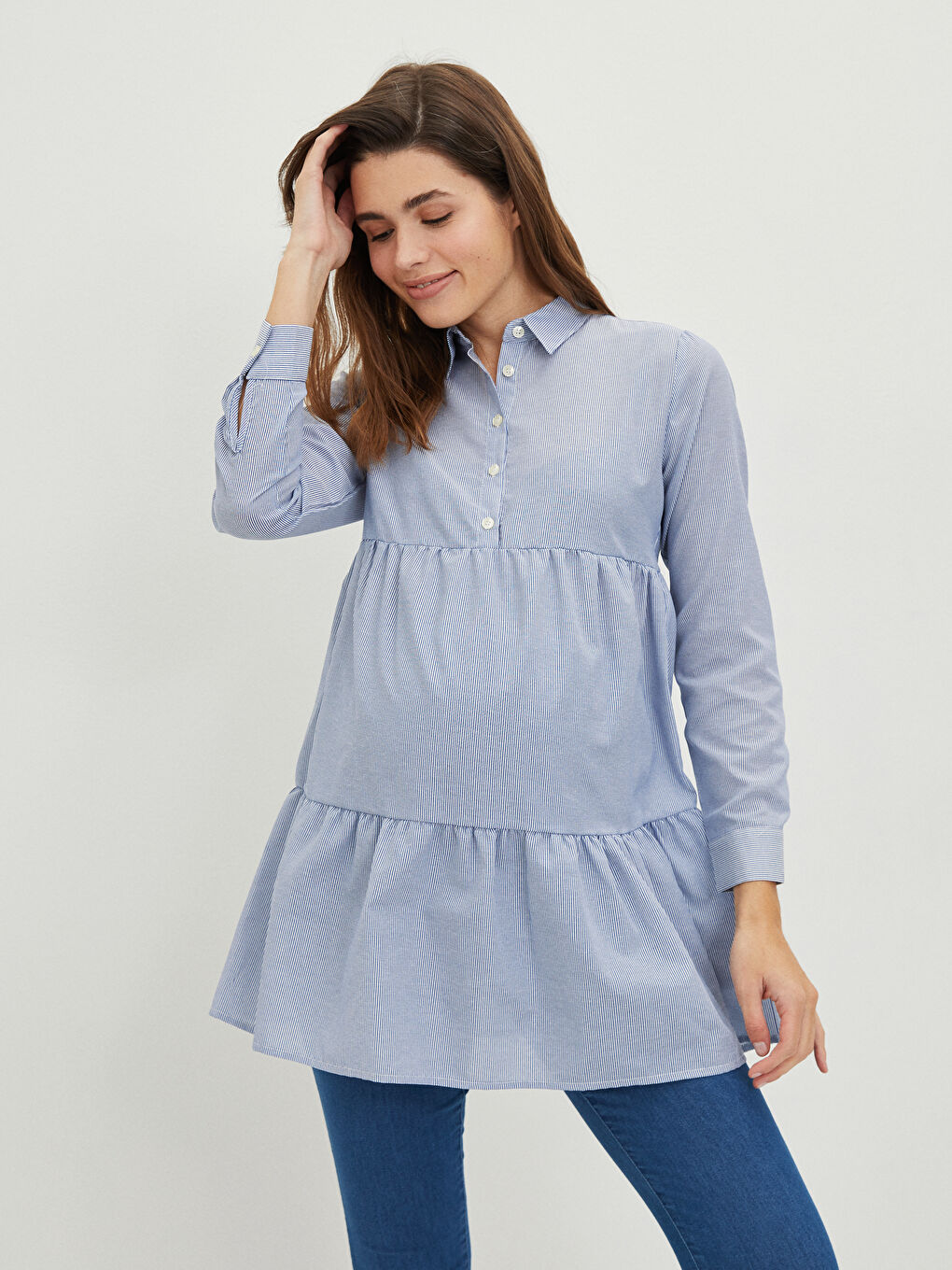 Mavi Çizgili Uzun Kollu Hamile Gömlek Tunik-1