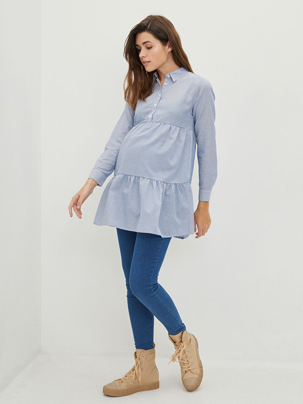 Mavi Çizgili Uzun Kollu Hamile Gömlek Tunik-3