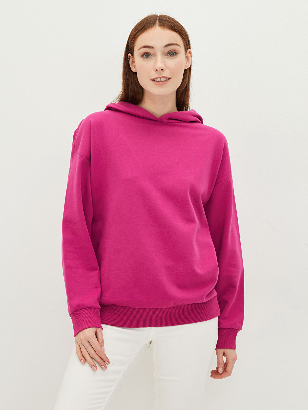Fuşya Kapüşonlu Düz Uzun Kollu Kadın Sweatshirt-1