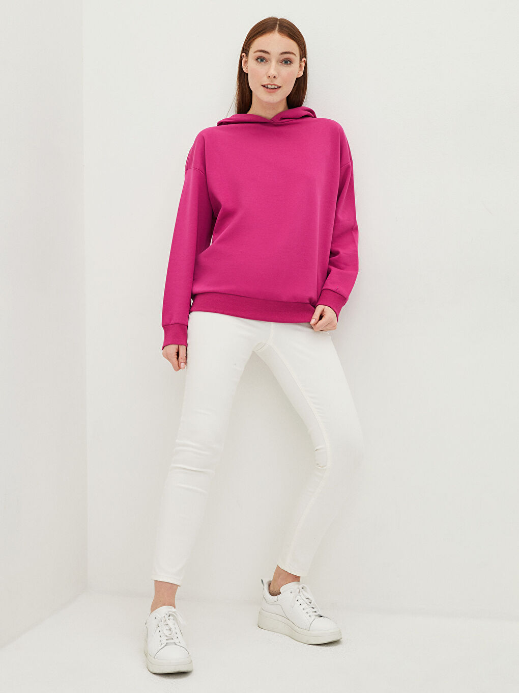 Fuşya Kapüşonlu Düz Uzun Kollu Kadın Sweatshirt-3