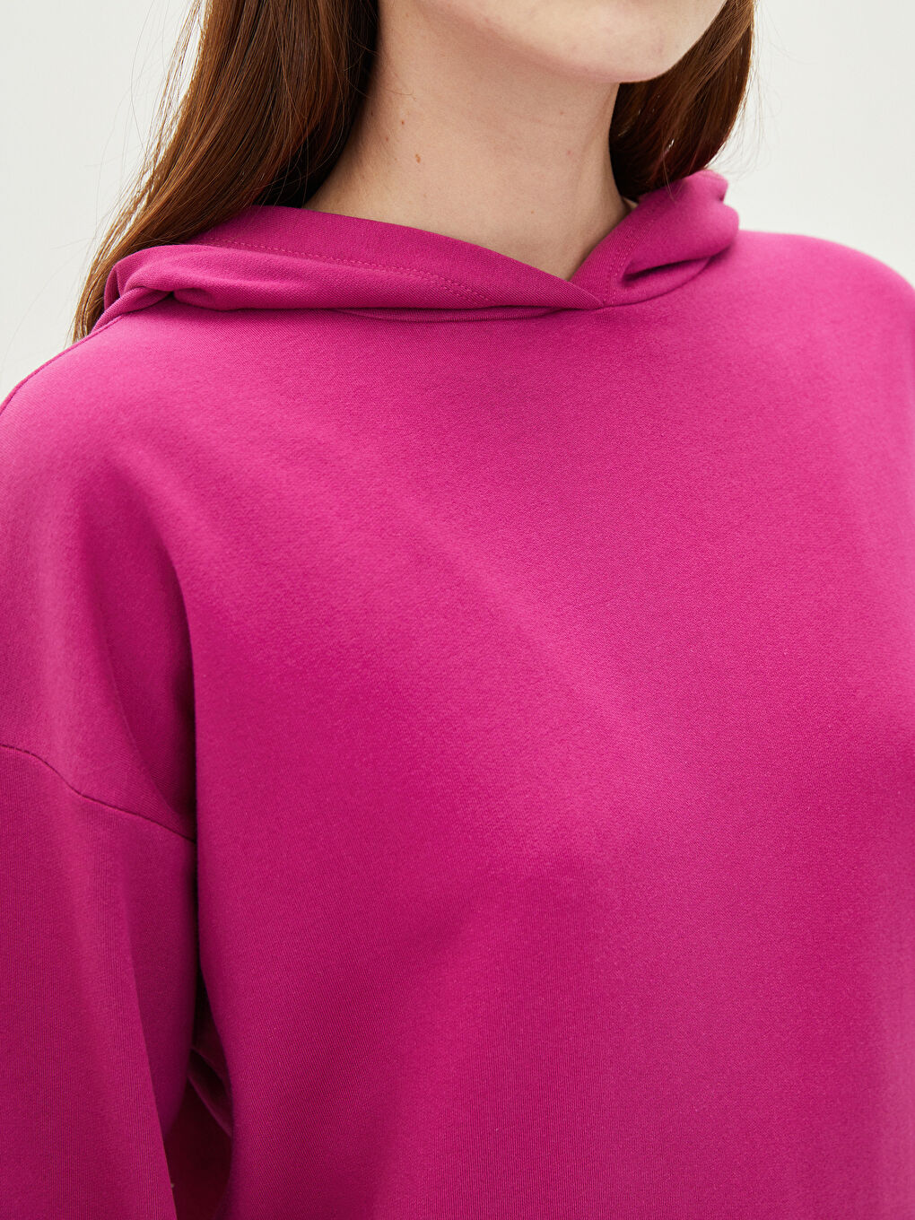 Fuşya Kapüşonlu Düz Uzun Kollu Kadın Sweatshirt-5