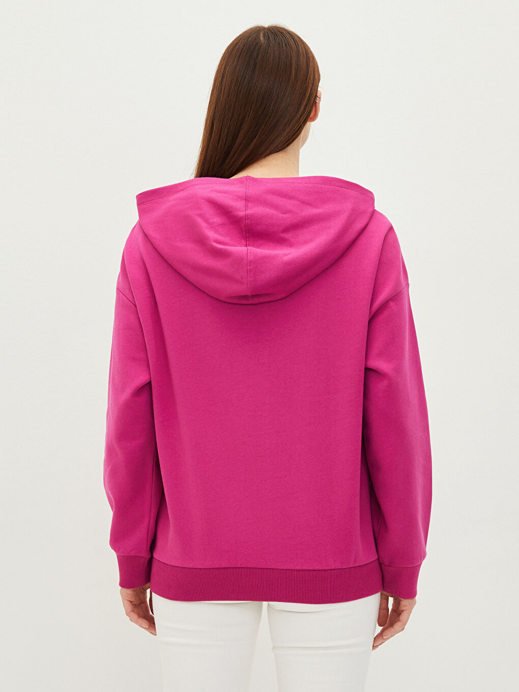 Fuşya Kapüşonlu Düz Uzun Kollu Kadın Sweatshirt-7