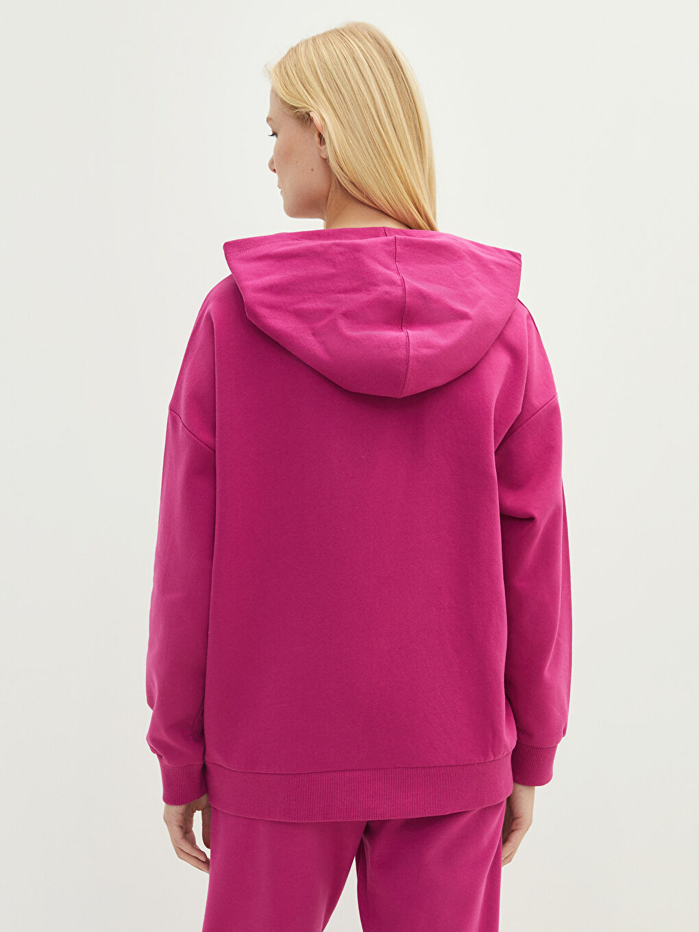 Fuşya Kapüşonlu Düz Uzun Kollu Kadın Sweatshirt-9