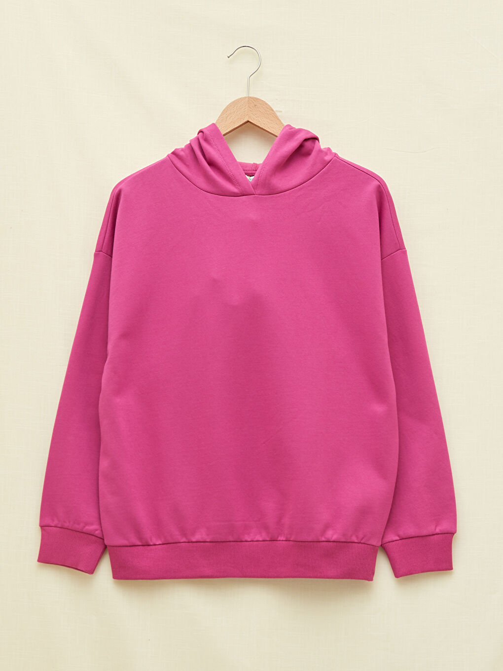 Fuşya Kapüşonlu Düz Uzun Kollu Kadın Sweatshirt-10