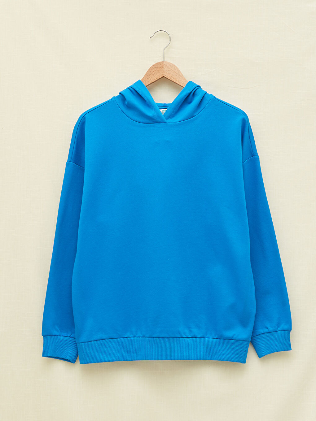 Mavi Kapüşonlu Düz Uzun Kollu Kadın Sweatshirt-5