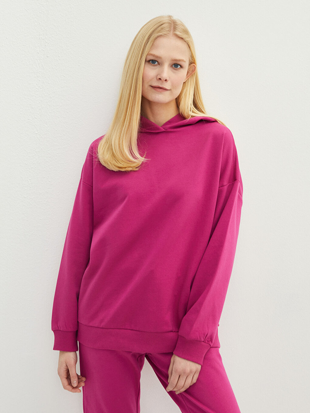 Fuşya Kapüşonlu Düz Uzun Kollu Kadın Sweatshirt-4