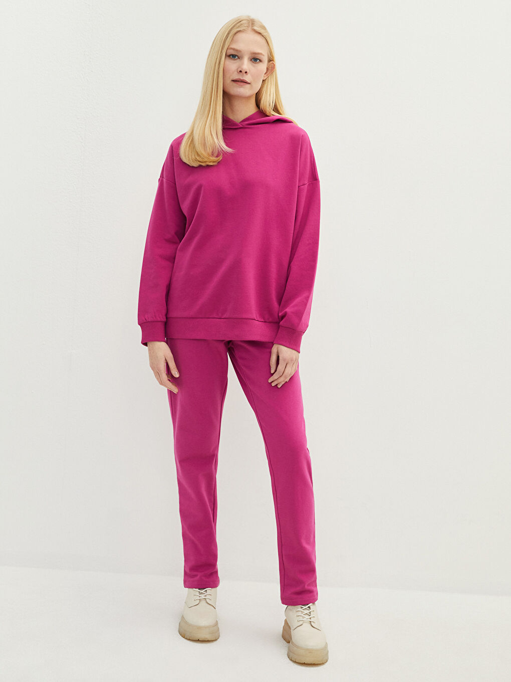 Fuşya Kapüşonlu Düz Uzun Kollu Kadın Sweatshirt-6