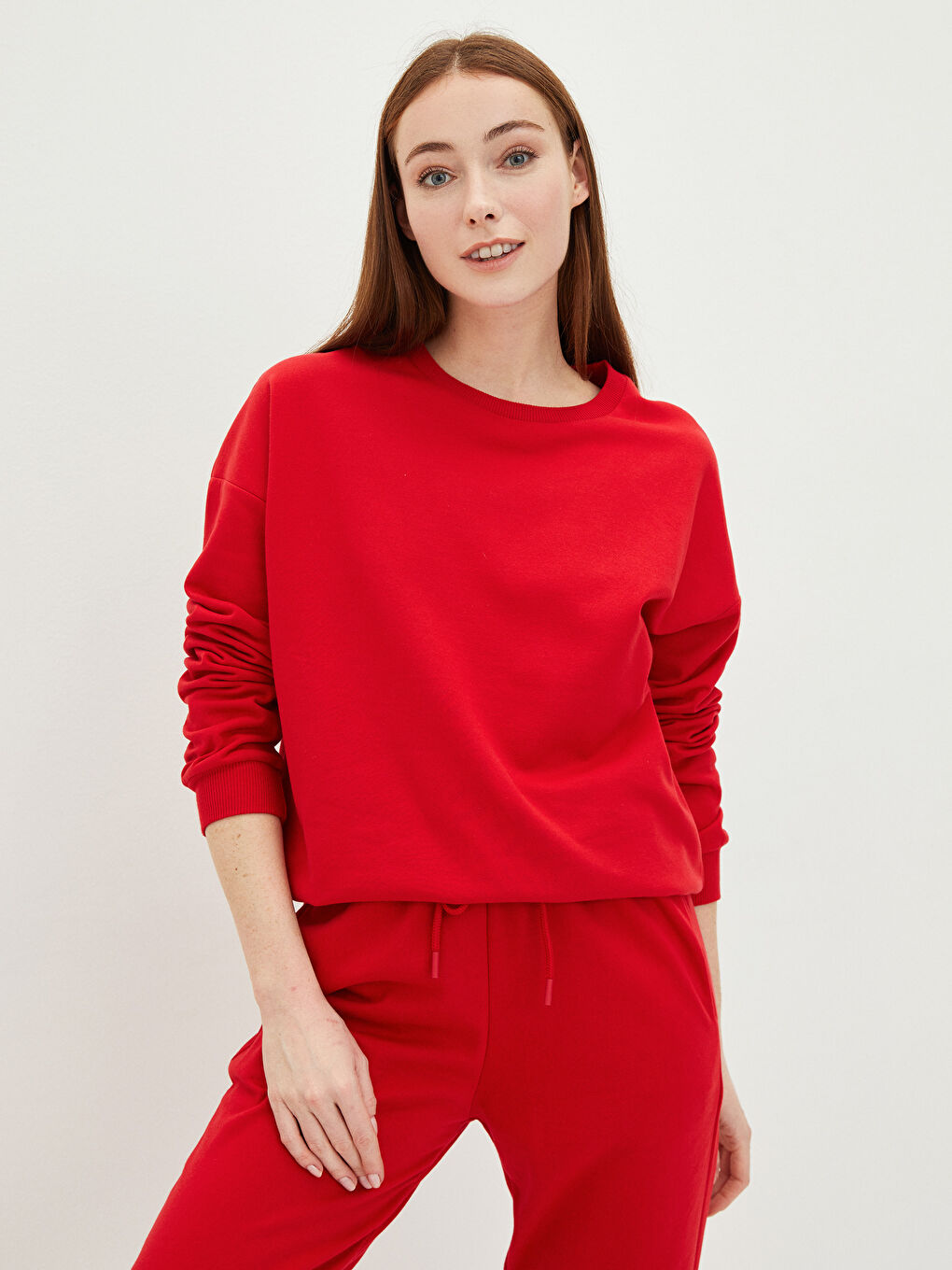 Kırmızı Bisiklet Yaka Düz Uzun Kollu Kadın Sweatshirt