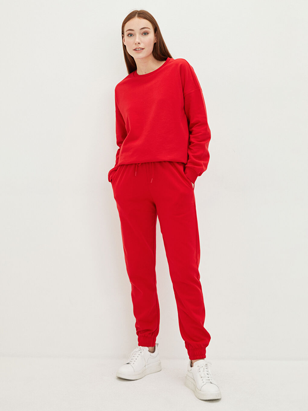 Kırmızı Bisiklet Yaka Düz Uzun Kollu Kadın Sweatshirt-1