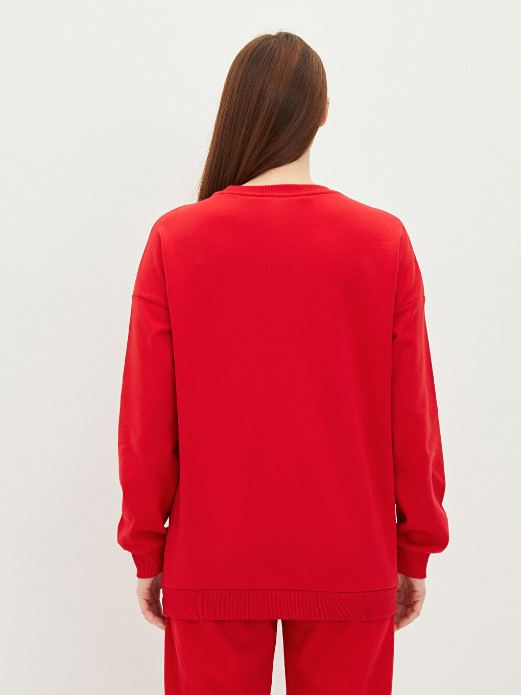 Kırmızı Bisiklet Yaka Düz Uzun Kollu Kadın Sweatshirt-3
