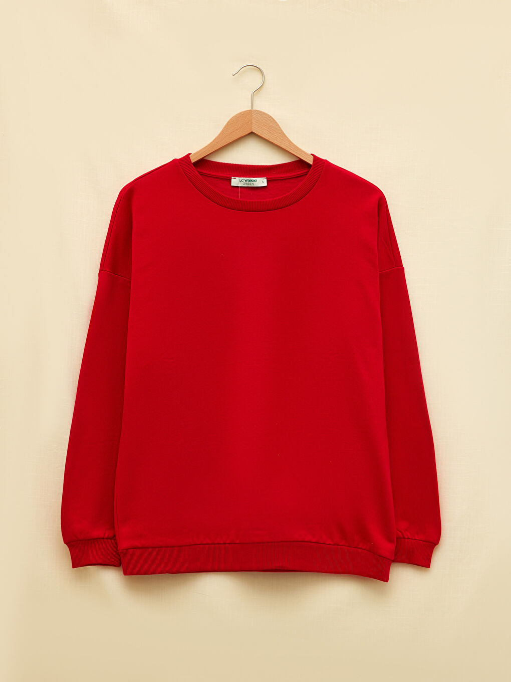 Kırmızı Bisiklet Yaka Düz Uzun Kollu Kadın Sweatshirt-4