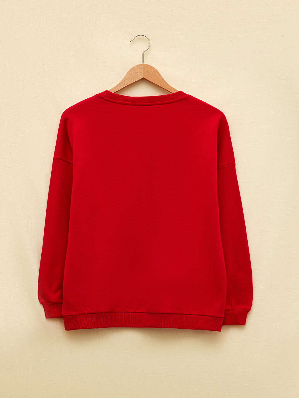 Kırmızı Bisiklet Yaka Düz Uzun Kollu Kadın Sweatshirt-5