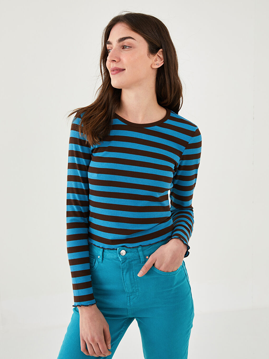 XSIDE Crew Neck Striped Long Sleeve Women's Crop Sweater -W1JM41Z8-HGT