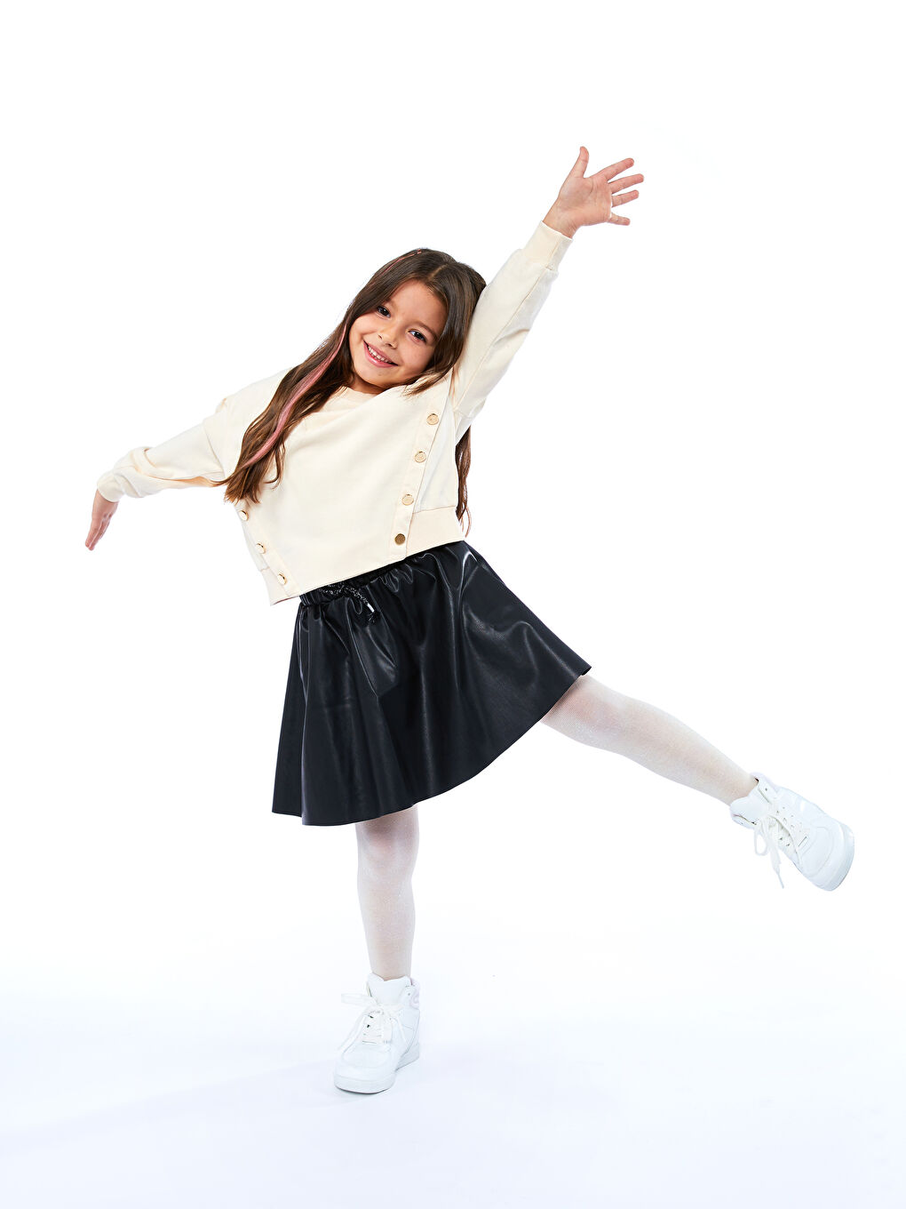 Siyah Beli Lastikli Deri Görünümlü Kız Çocuk Etek
